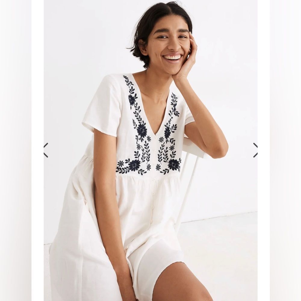Madewell Embroidered Linen-Blend Alexandra Button-Front Mini Dress NWT